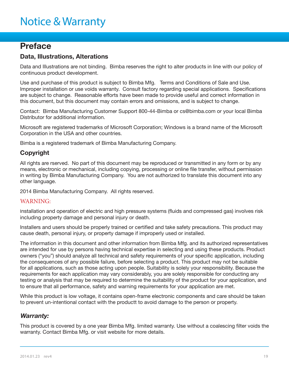 Notice & warranty, Preface | Bimba SPCS User Manual | Page 19 / 19