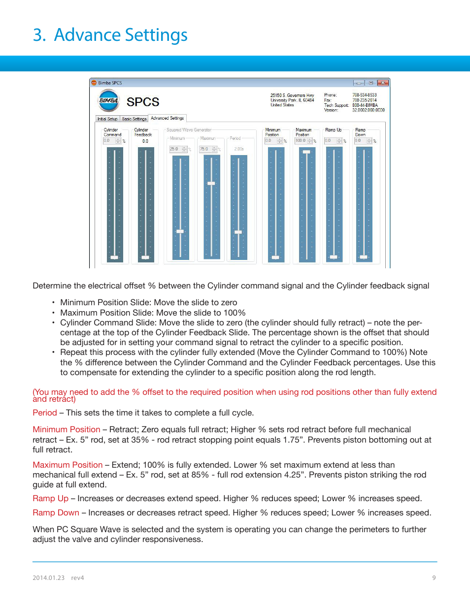 Advance settings | Bimba SPCS User Manual | Page 9 / 19