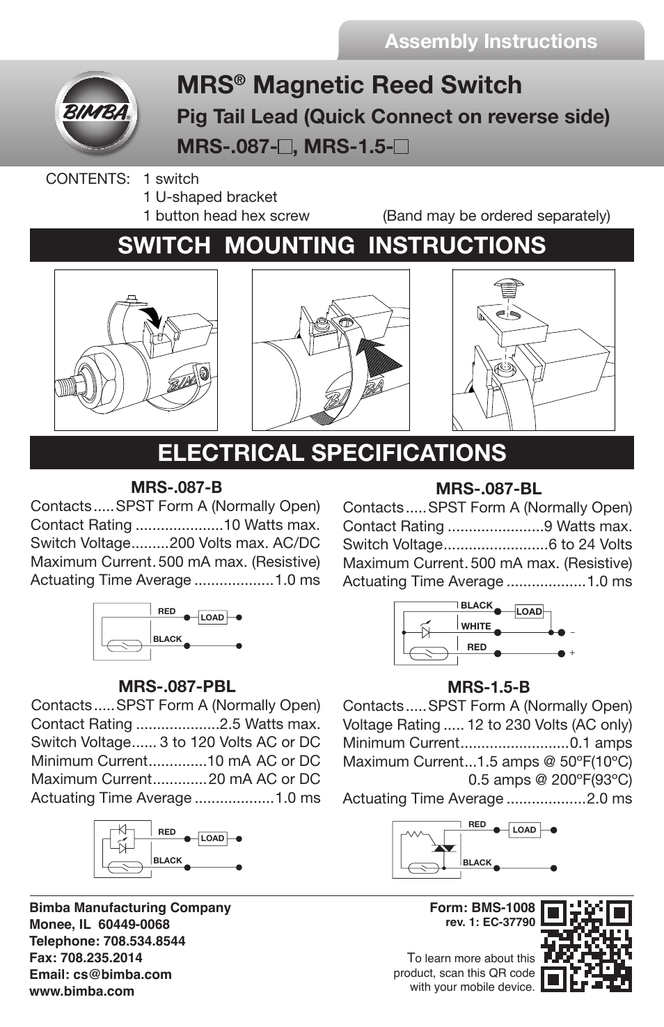 Bimba MR Magnetic Reed Switch User Manual | 2 pages