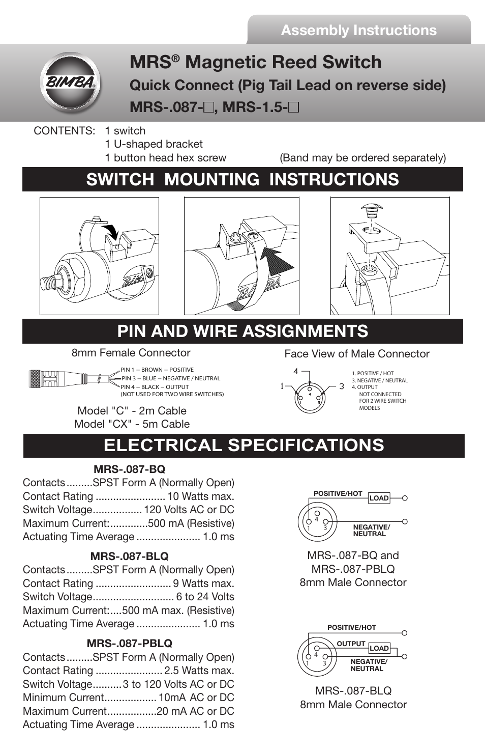 Magnetic reed switch, Pin and wire assignments, Electrical specifications | Switch mounting instructions, Assembly instructions | Bimba MR Magnetic Reed Switch User Manual | Page 2 / 2