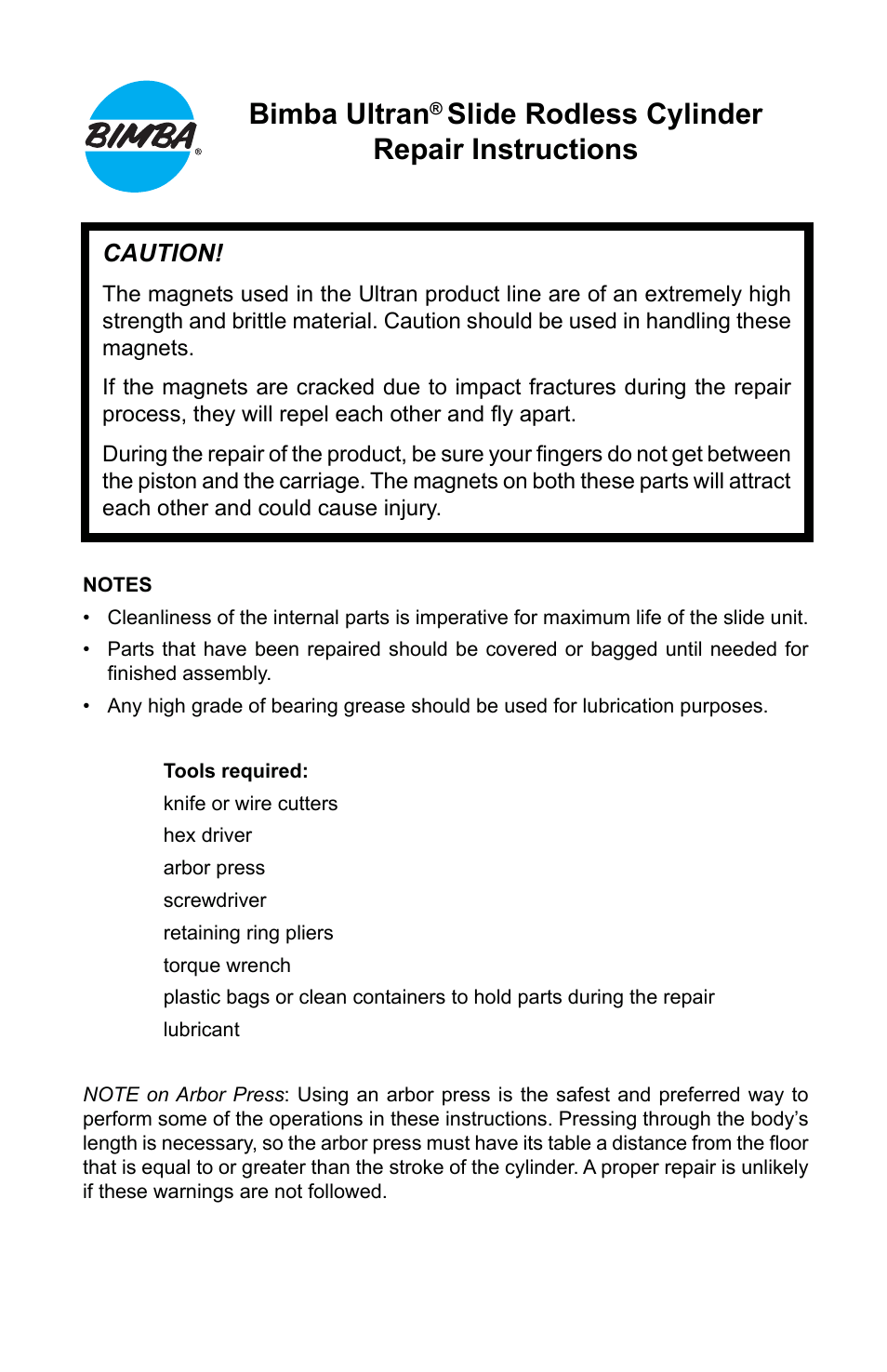 Bimba Ultra Slide Rodless Cylinder User Manual | 4 pages