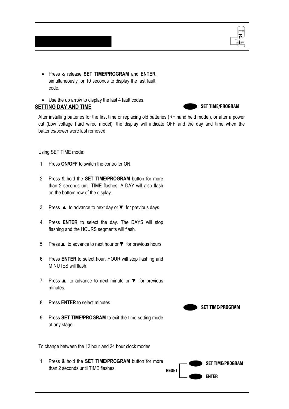 Fault code recall, Setting day and time, Set time | 12/24 hour clock | Bonaire Comfort Control - RF/LV User Manual | Page 11 / 52