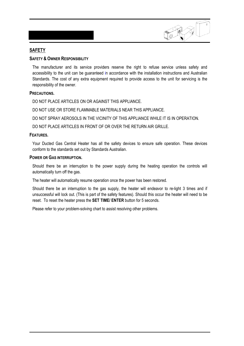 Safety, Safety & owner responsibility, Precautions | Features, Power or gas interruption | Bonaire Comfort Control - RF/LV User Manual | Page 15 / 52