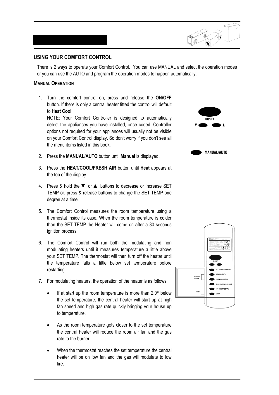 Using your comfort control, Manual operation | Bonaire Comfort Control - RF/LV User Manual | Page 16 / 52