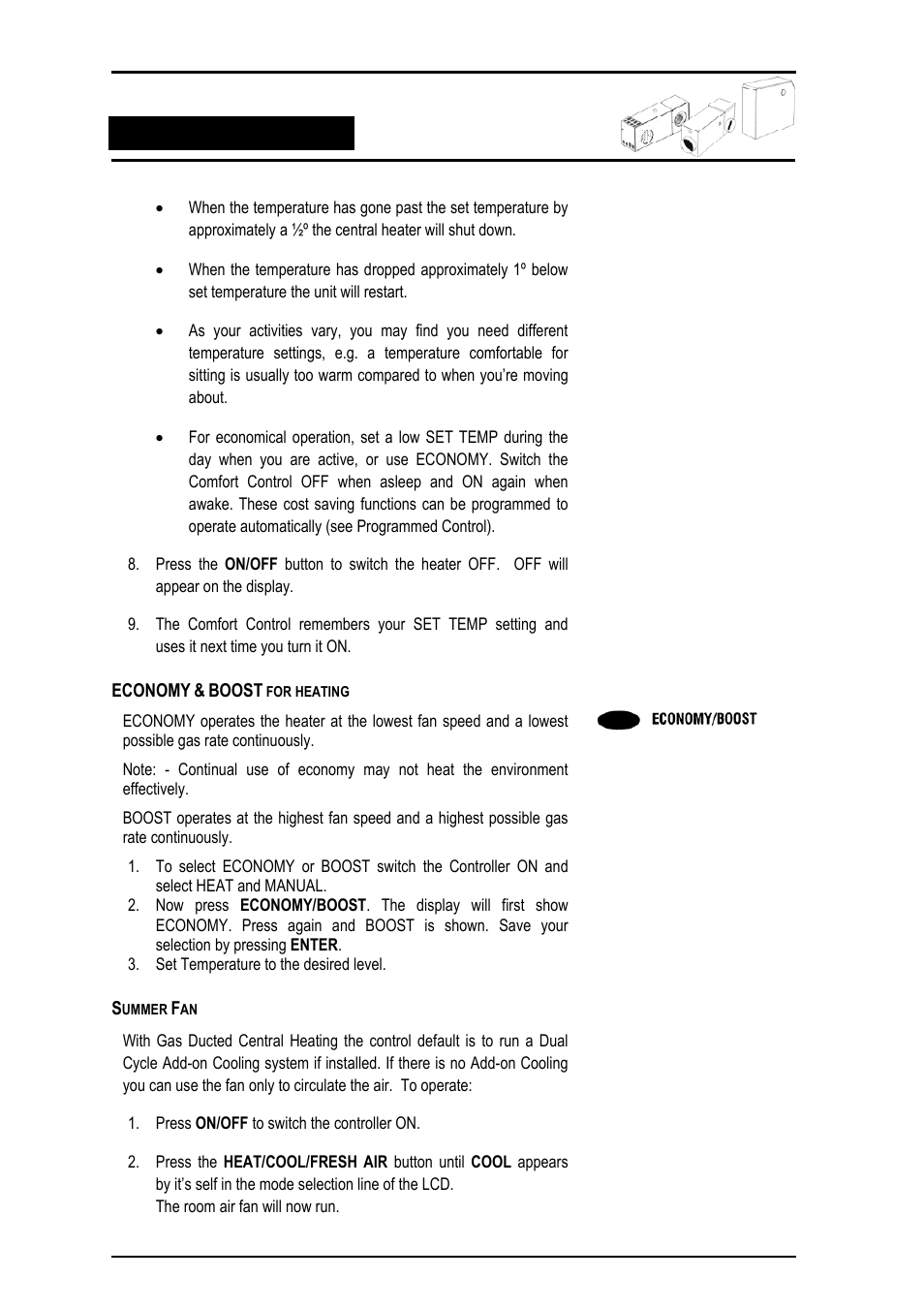 Economy & boost for heating, Summer fan | Bonaire Comfort Control - RF/LV User Manual | Page 17 / 52