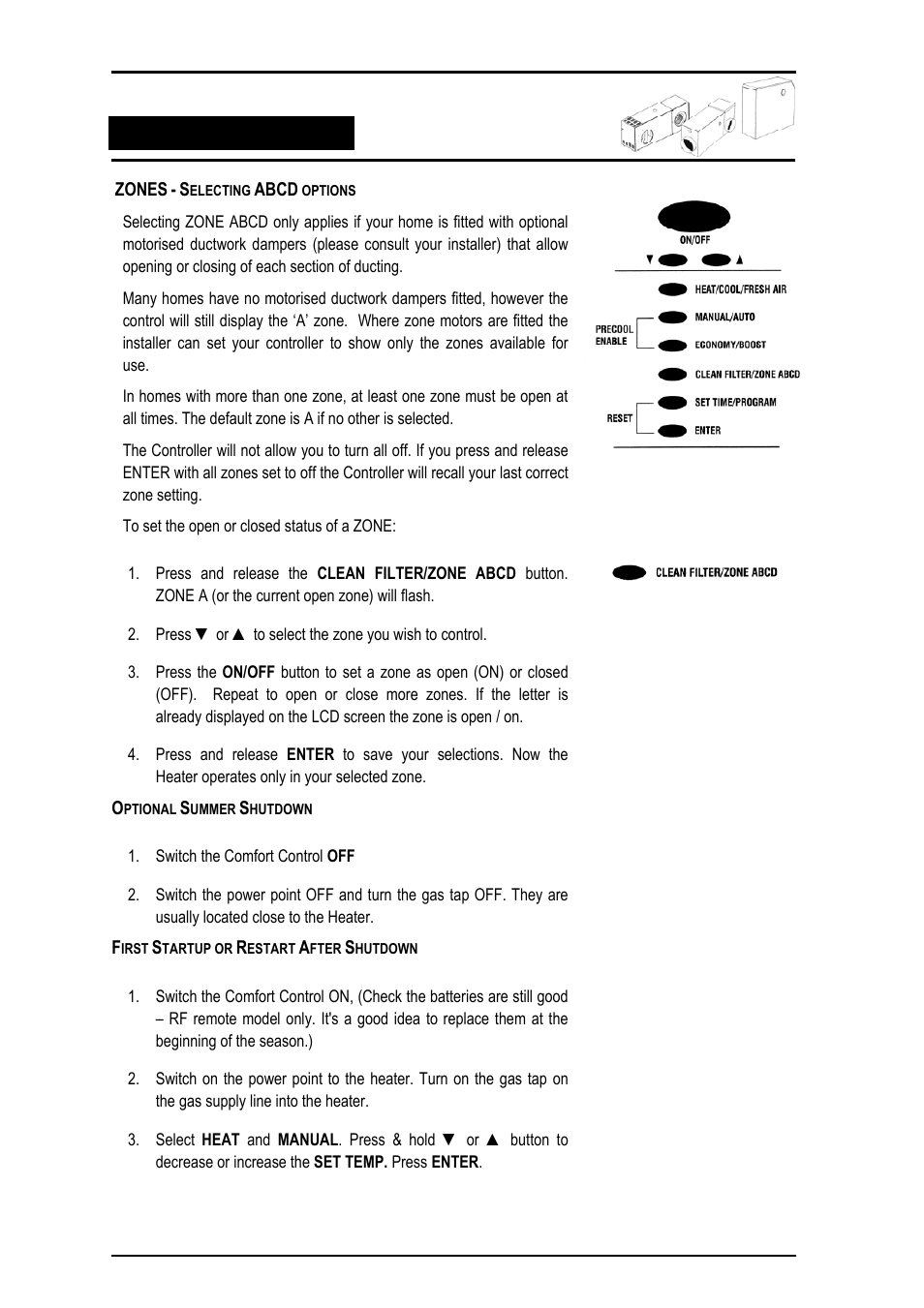 Zones - selecting abcd options, Optional summer shutdown, First startup or restart after shutdown | Bonaire Comfort Control - RF/LV User Manual | Page 18 / 52