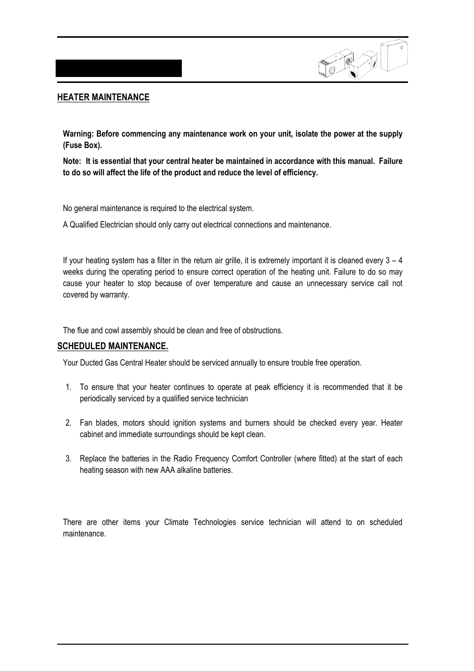 Heater maintenance, Cleaning, Electrical | Return air grille filter, Flue, Scheduled maintenance, Other items | Bonaire Comfort Control - RF/LV User Manual | Page 21 / 52