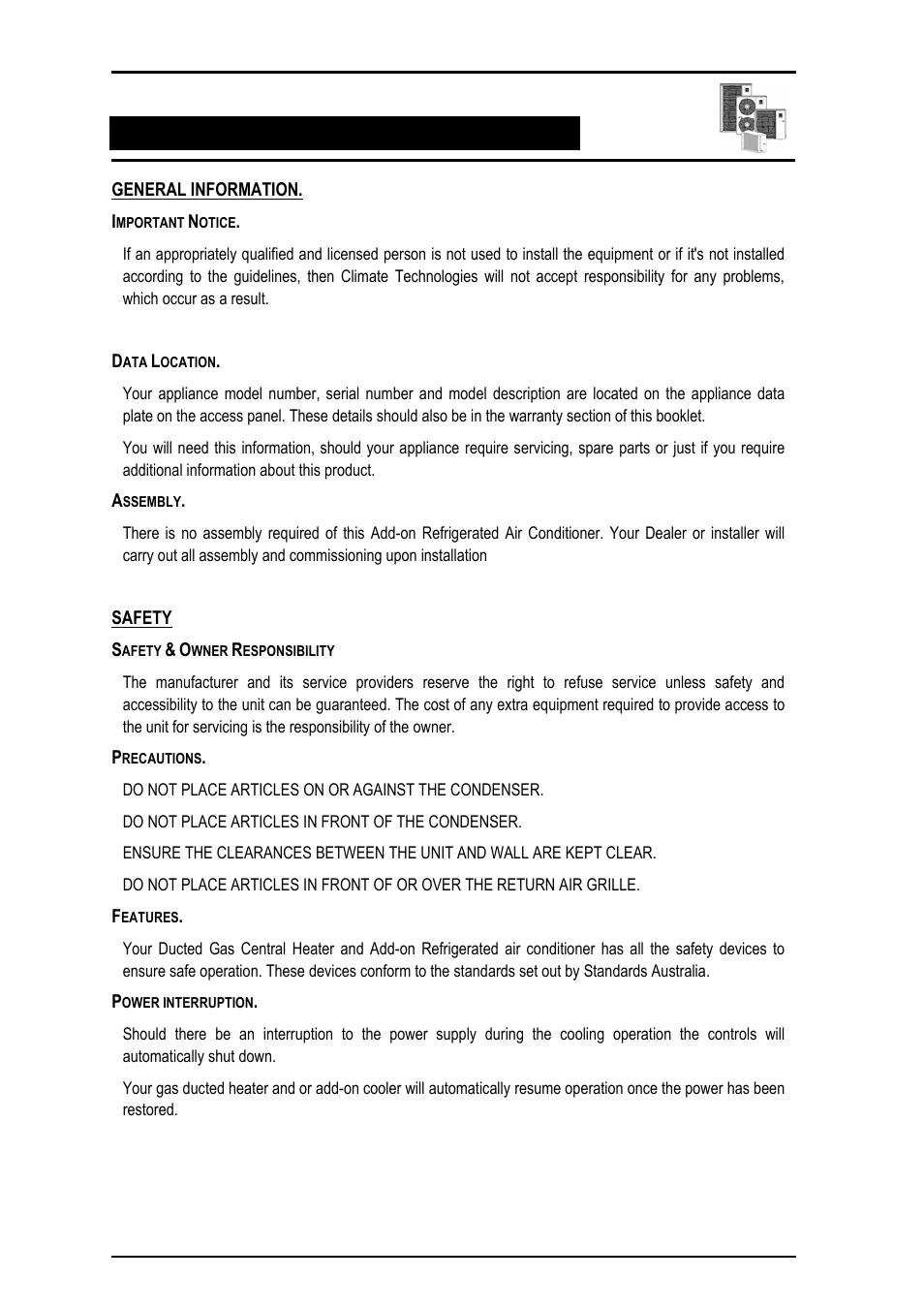 General information, Important notice, Data location | Assembly, Safety, Safety & owner responsibility, Precautions, Features, Power interruption | Bonaire Comfort Control - RF/LV User Manual | Page 24 / 52