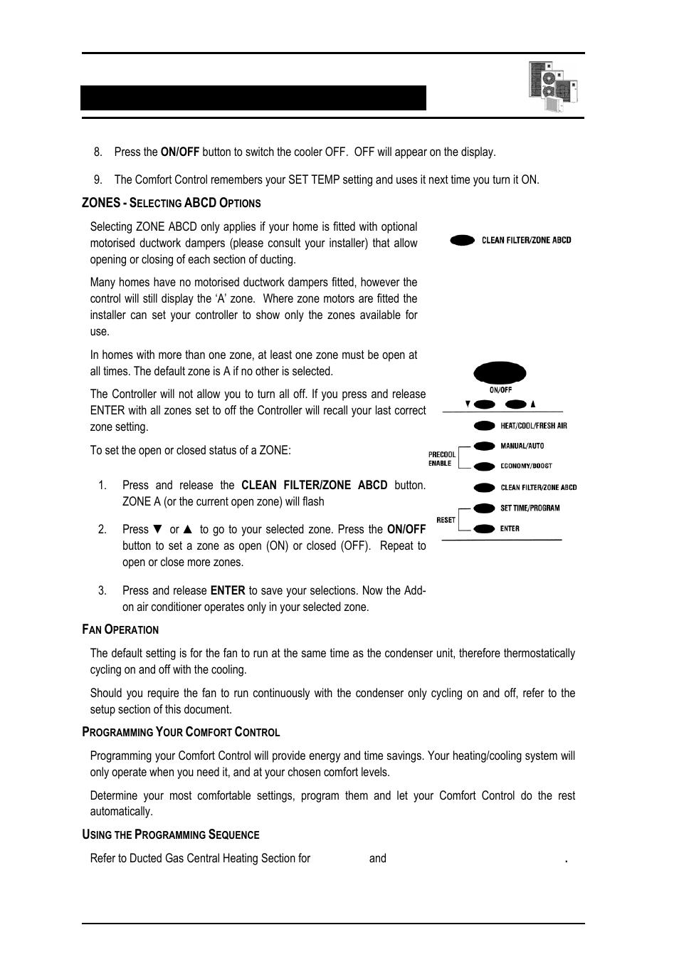 Zones - selecting abcd options, Fan operation, Programming your comfort control | Using the programming sequence | Bonaire Comfort Control - RF/LV User Manual | Page 26 / 52
