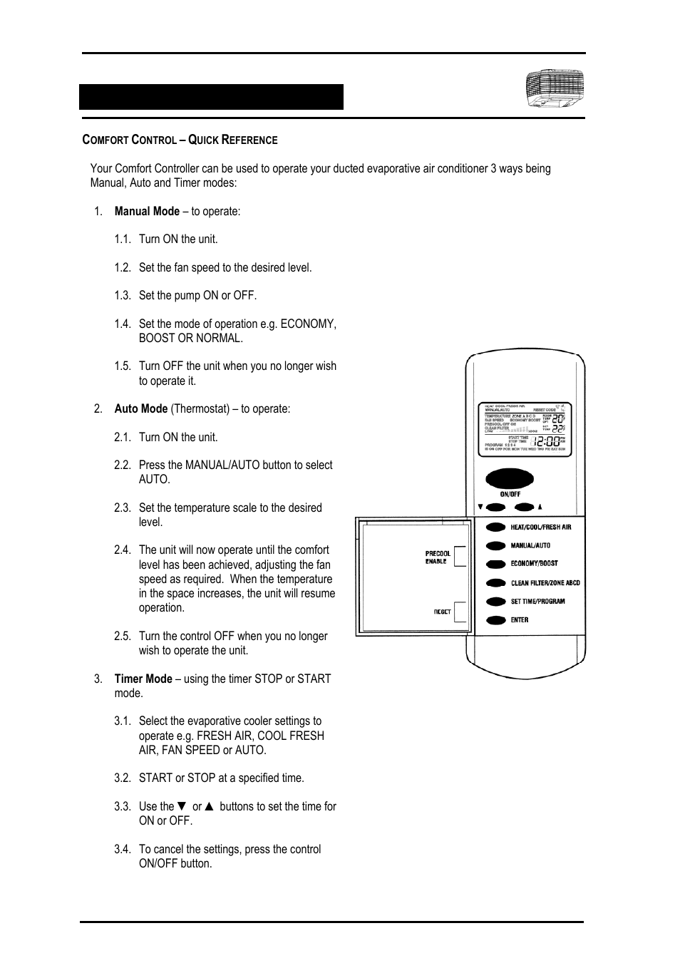 Comfort control – quick reference | Bonaire Comfort Control - RF/LV User Manual | Page 30 / 52