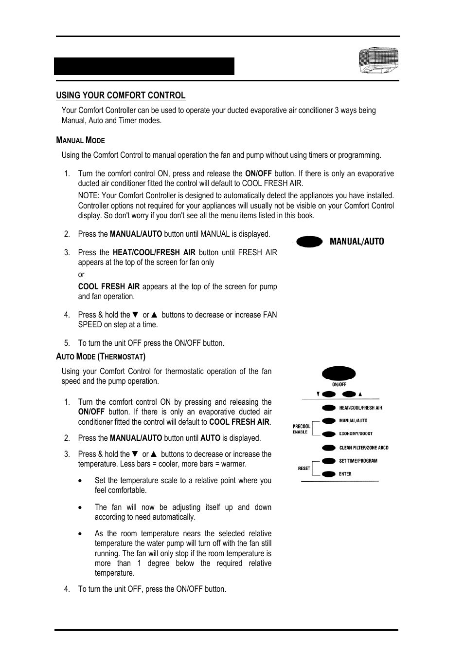 Using your comfort control, Manual mode, Auto mode (thermostat) | Bonaire Comfort Control - RF/LV User Manual | Page 31 / 52