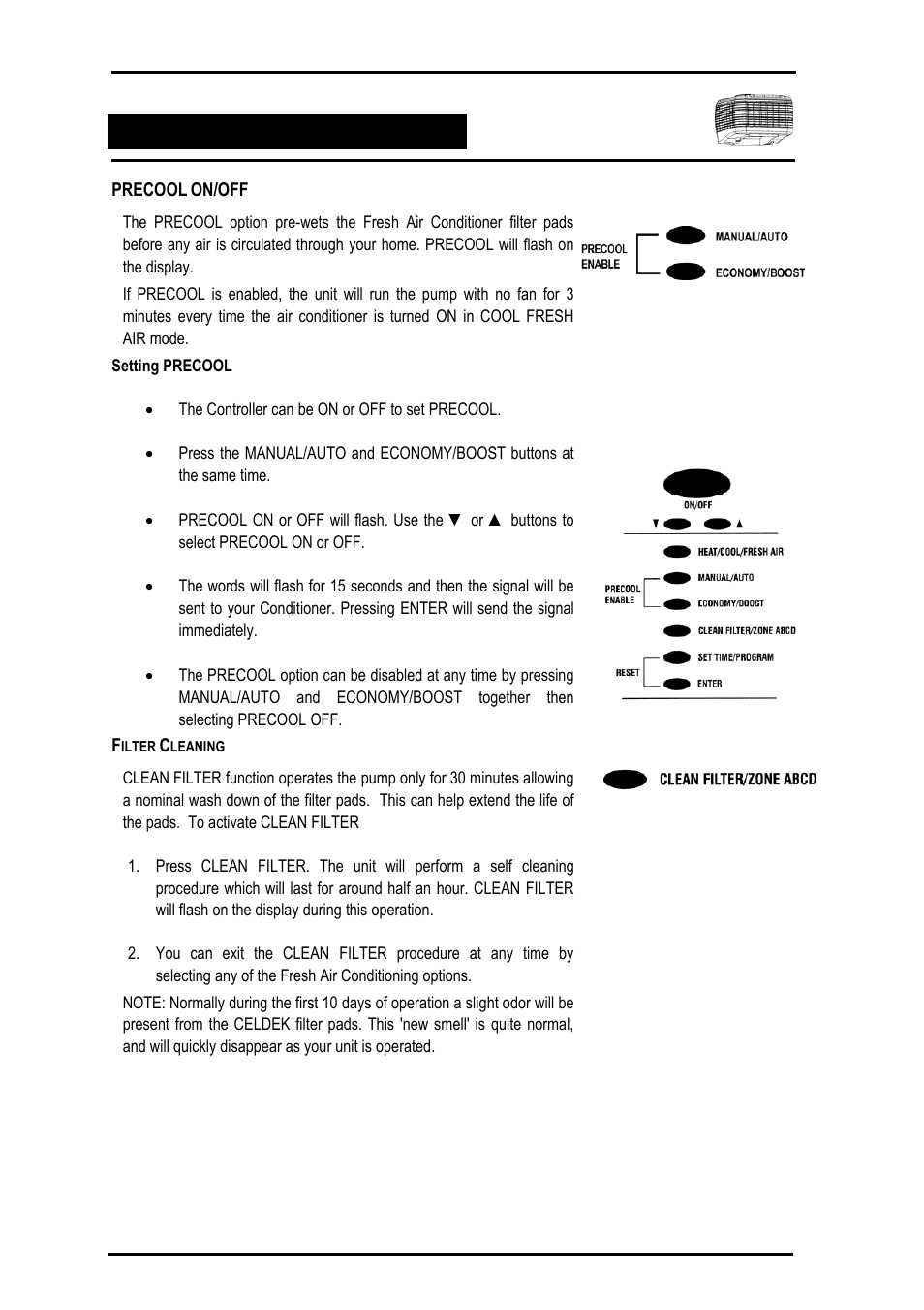 Precool on/off, Filter cleaning | Bonaire Comfort Control - RF/LV User Manual | Page 33 / 52