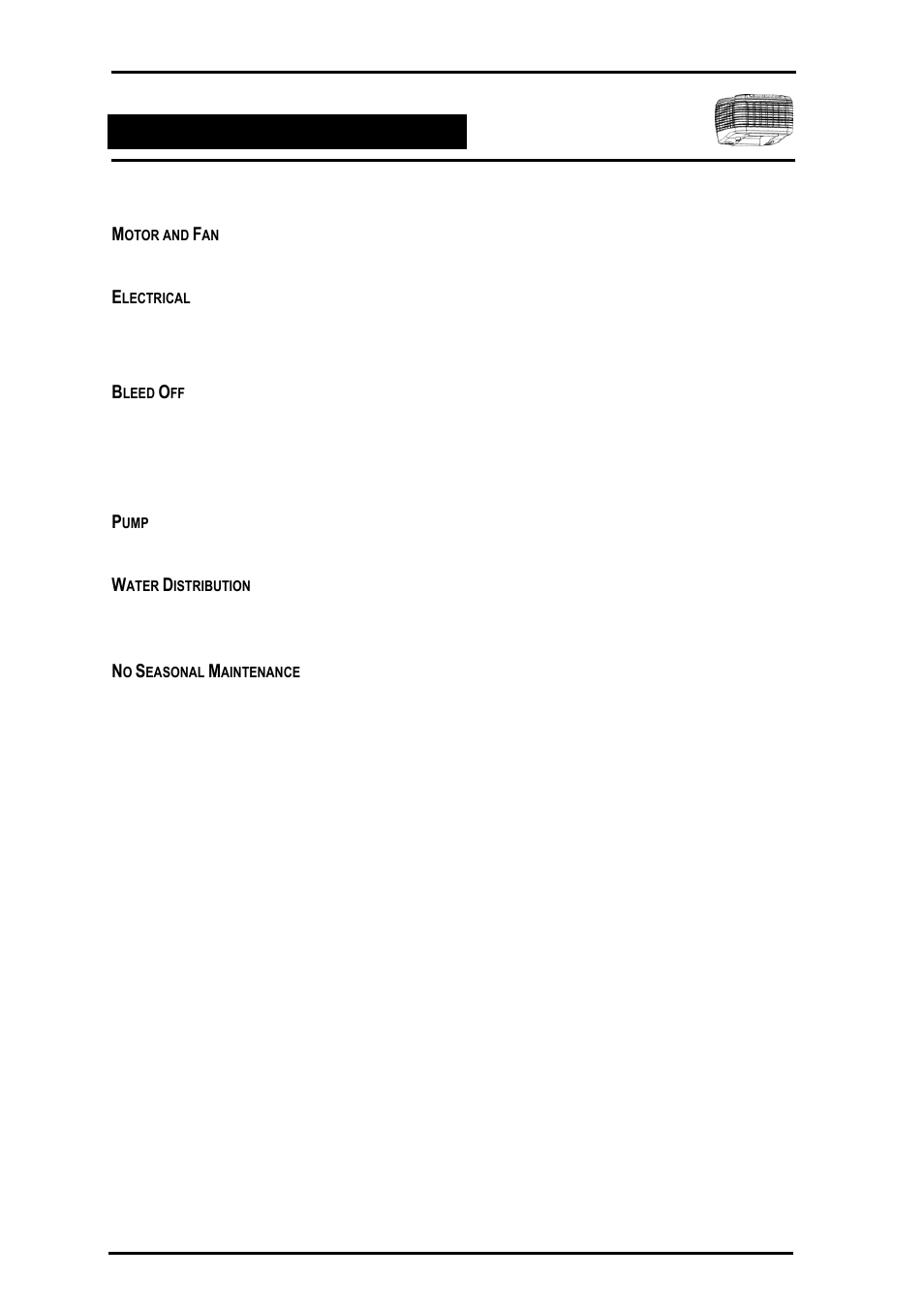 Motor and fan, Electrical, Bleed off | Pump, Water distribution, No seasonal maintenance | Bonaire Comfort Control - RF/LV User Manual | Page 35 / 52