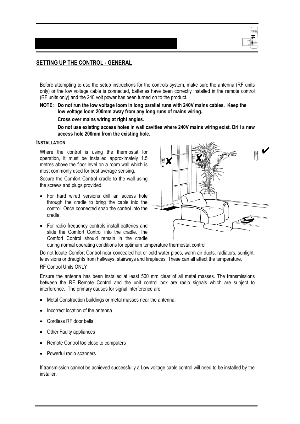 Control setup, Setting up the control - general, Before starting | Installation | Bonaire Comfort Control - RF/LV User Manual | Page 38 / 52
