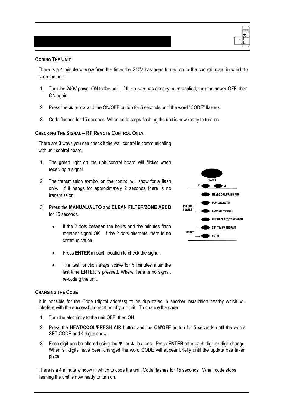 Coding the unit, Checking the signal – rf remote control only, Changing the code | Bonaire Comfort Control - RF/LV User Manual | Page 39 / 52