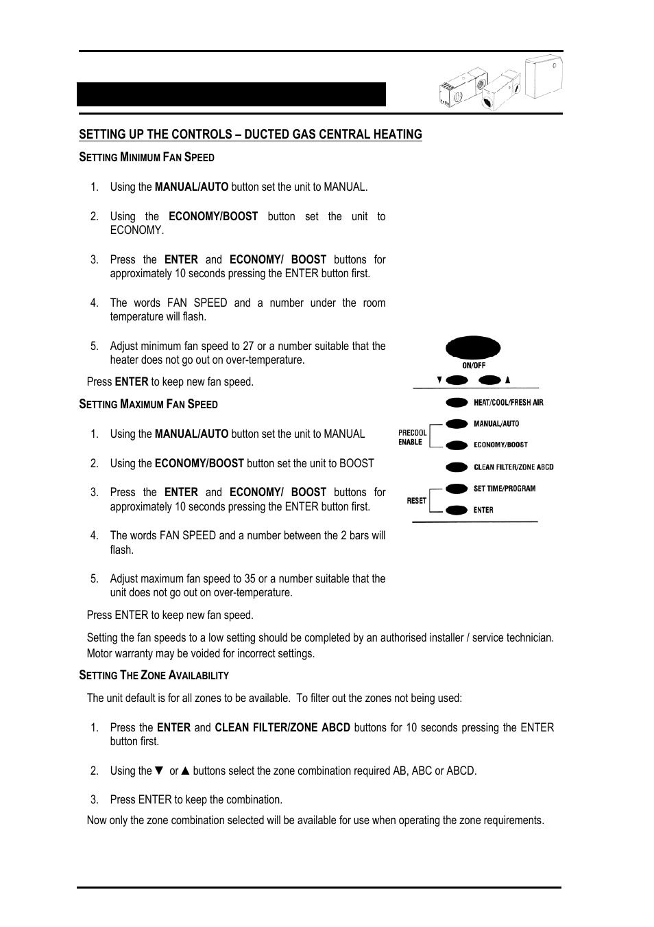 Setting minimum fan speed, Setting maximum fan speed, Setting the zone availability | Bonaire Comfort Control - RF/LV User Manual | Page 40 / 52