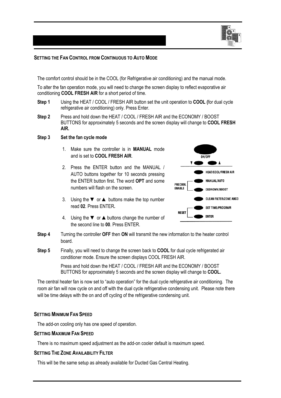 Setting procedure, Setting minimum fan speed, Setting maximum fan speed | Setting the zone availability filter | Bonaire Comfort Control - RF/LV User Manual | Page 42 / 52