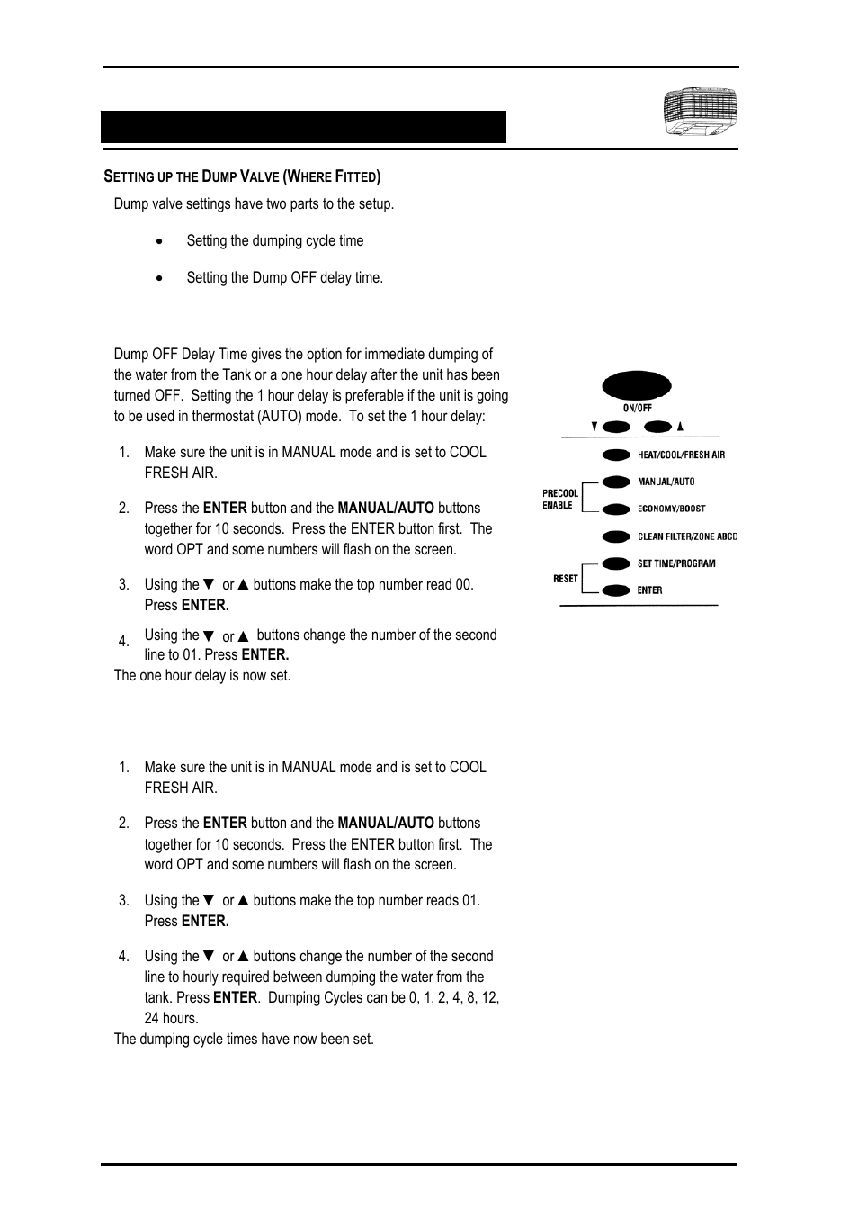 Setting up the dump valve (where fitted), Setting the dump off delay time, Setting the dumping cycle times | Bonaire Comfort Control - RF/LV User Manual | Page 44 / 52