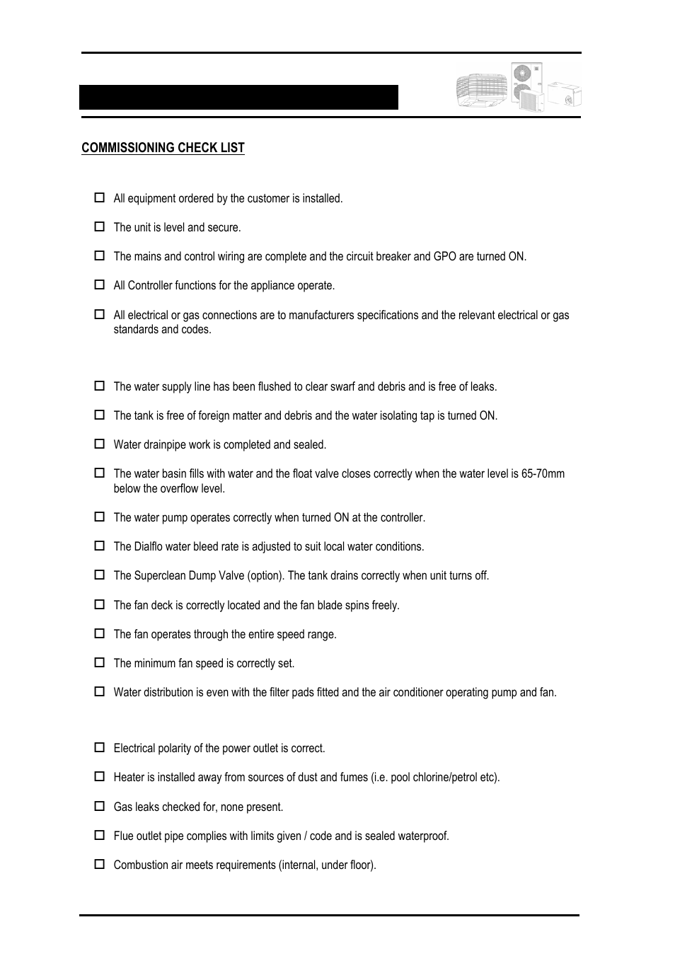 Commissioning check list, General, Ducted evaporative air conditioner unit | Ducted heating unit | Bonaire Comfort Control - RF/LV User Manual | Page 45 / 52