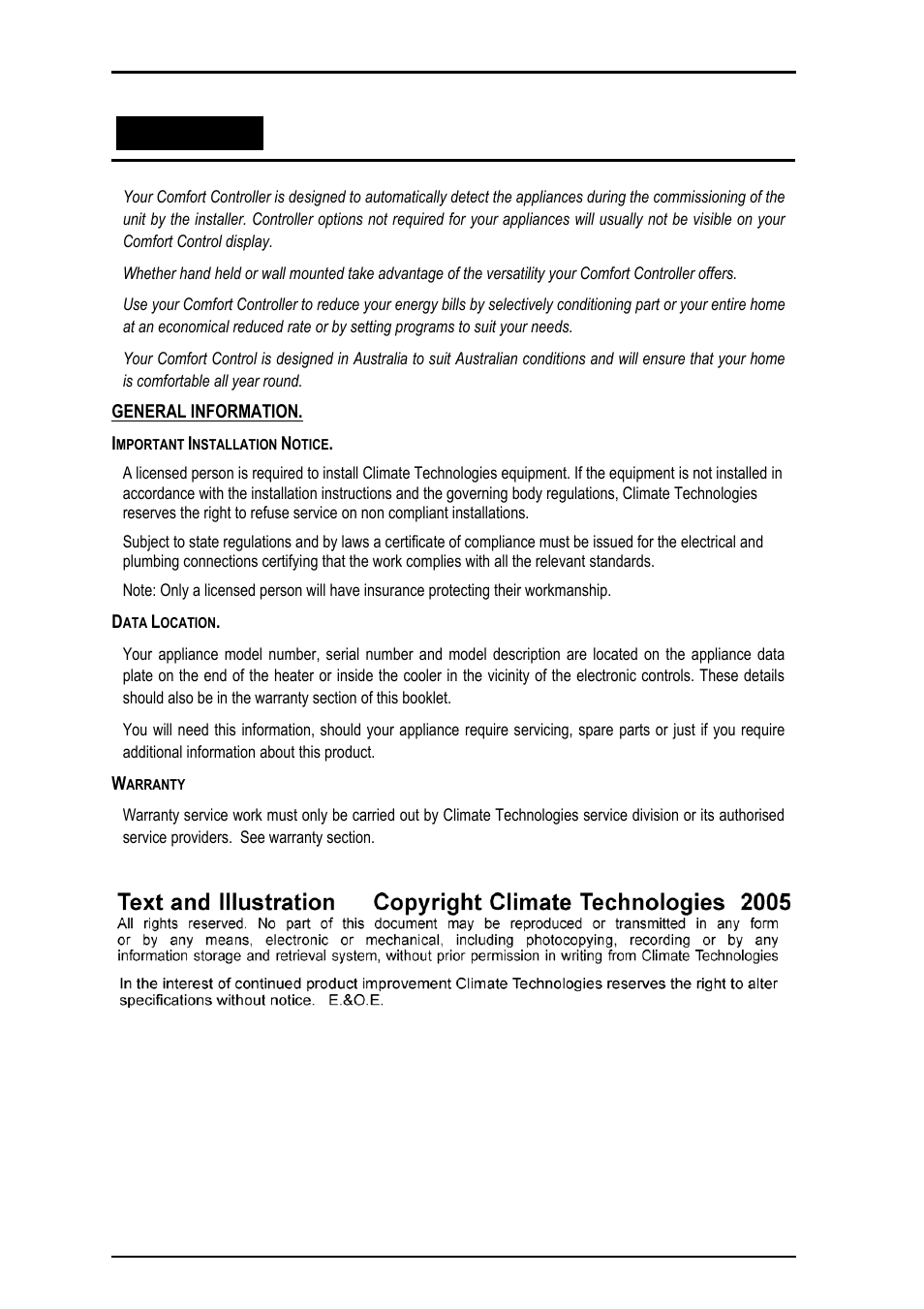 General information, Important installation notice, Data location | Warranty | Bonaire Comfort Control - RF/LV User Manual | Page 5 / 52