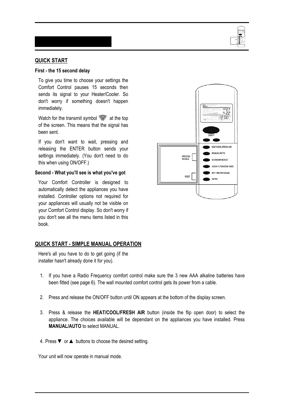 Navigating the controls, Quick start, Quick start - simple manual operation | Bonaire Comfort Control - RF/LV User Manual | Page 6 / 52