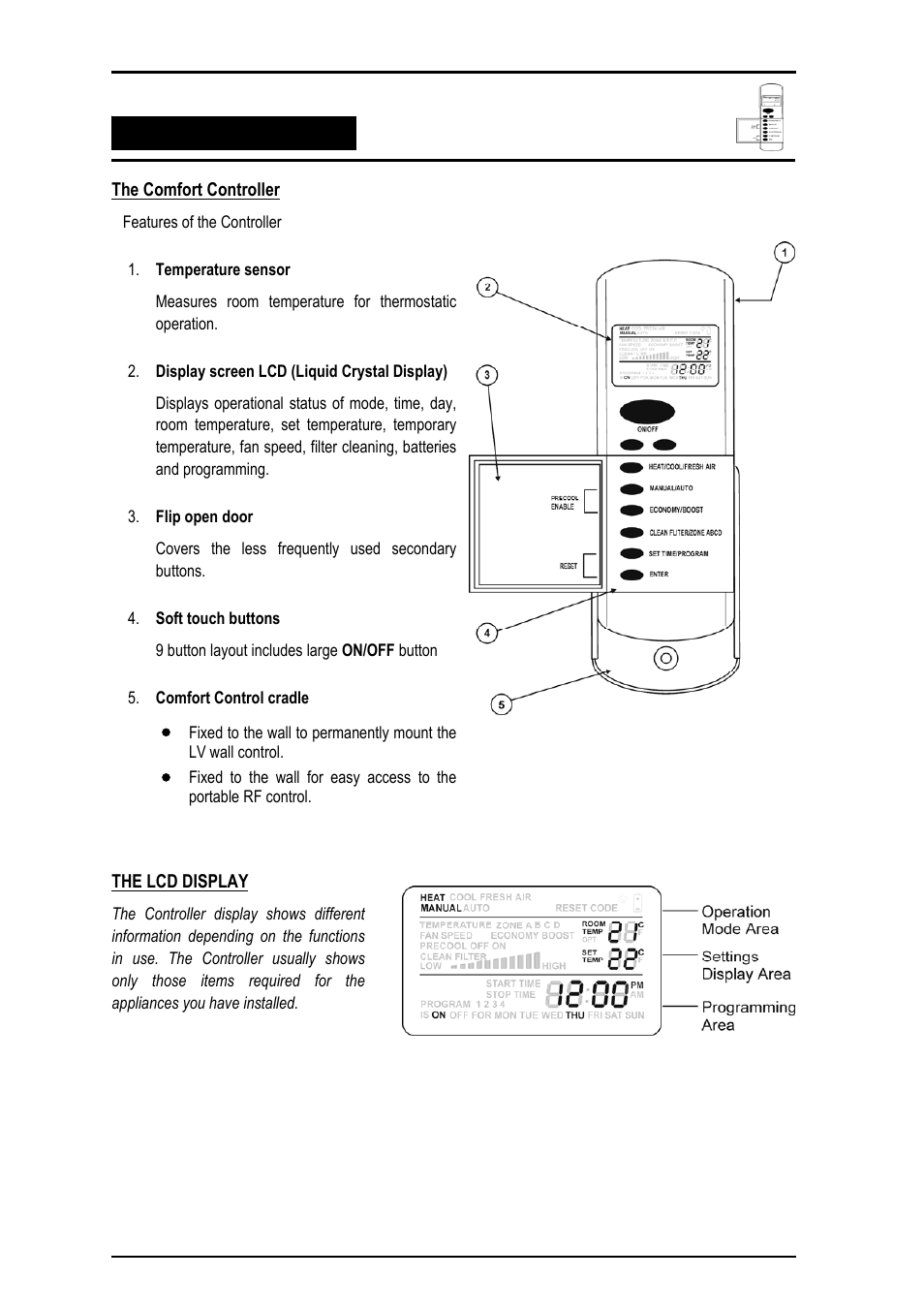The comfort controller, The lcd display | Bonaire Comfort Control - RF/LV User Manual | Page 8 / 52