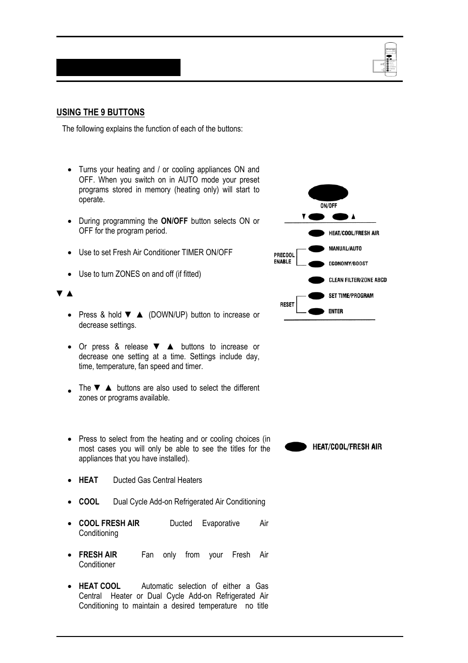 Using the 9 buttons, On/off, Buttons | Heat/cool/fresh air | Bonaire Comfort Control - RF/LV User Manual | Page 9 / 52