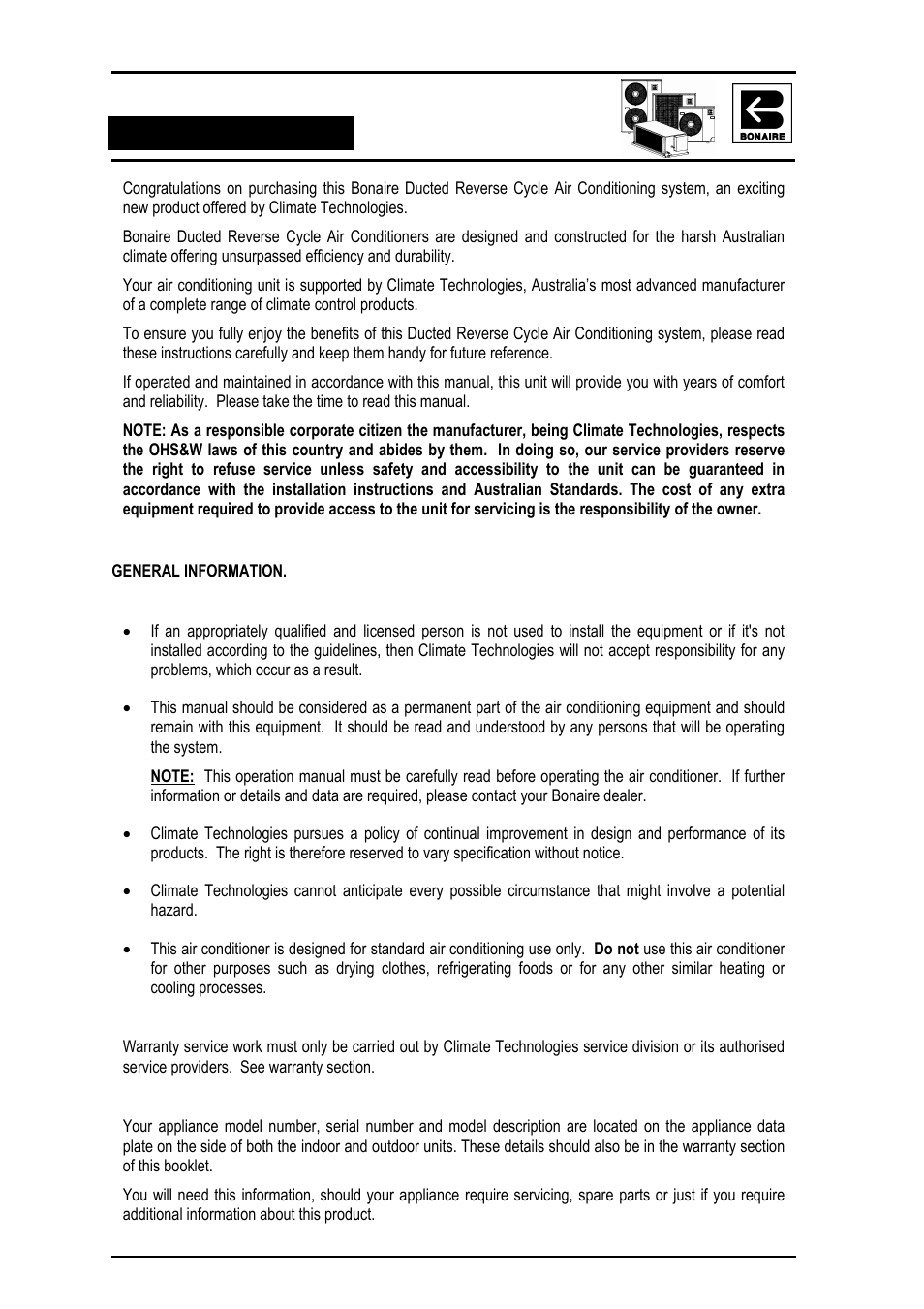 General information, Important notices, Warranty | Data location | Bonaire Reverse Cycle User Manual | Page 12 / 40