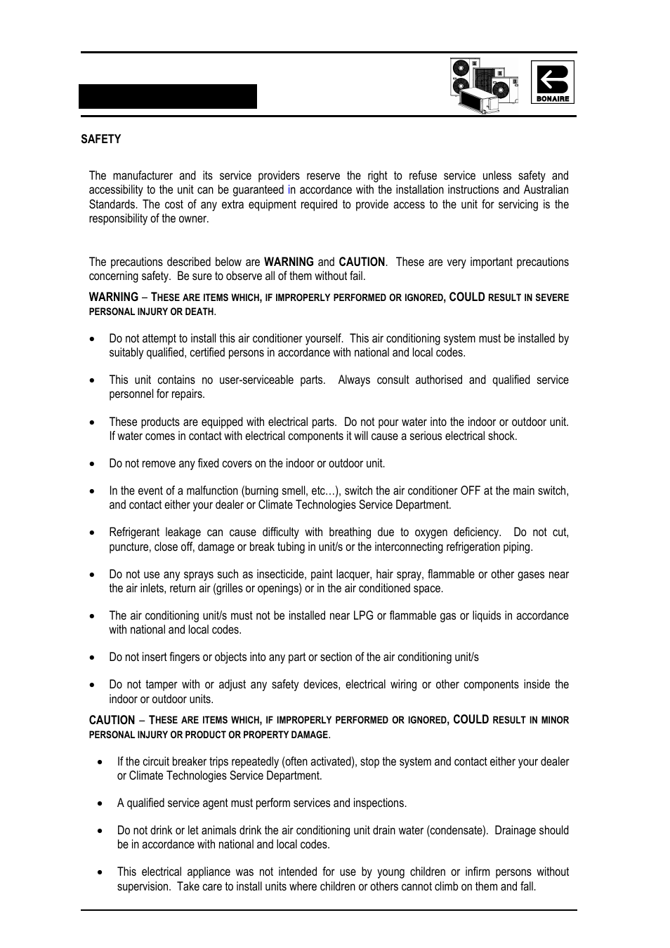 Safety, Safety & owner responsibility, Precautions | Bonaire Reverse Cycle User Manual | Page 14 / 40