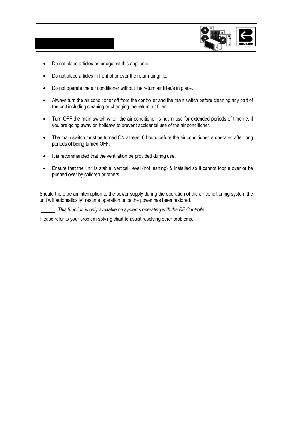 Power interruption | Bonaire Reverse Cycle User Manual | Page 15 / 40