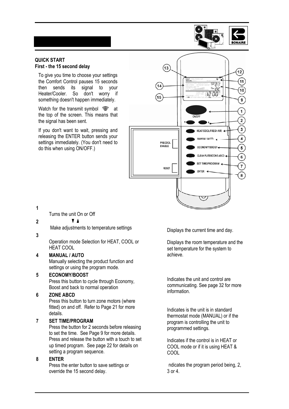 Quick start | Bonaire Reverse Cycle User Manual | Page 16 / 40