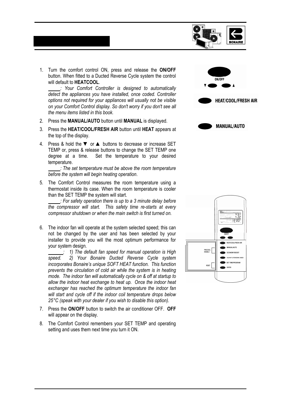 Heating mode - manual | Bonaire Reverse Cycle User Manual | Page 18 / 40