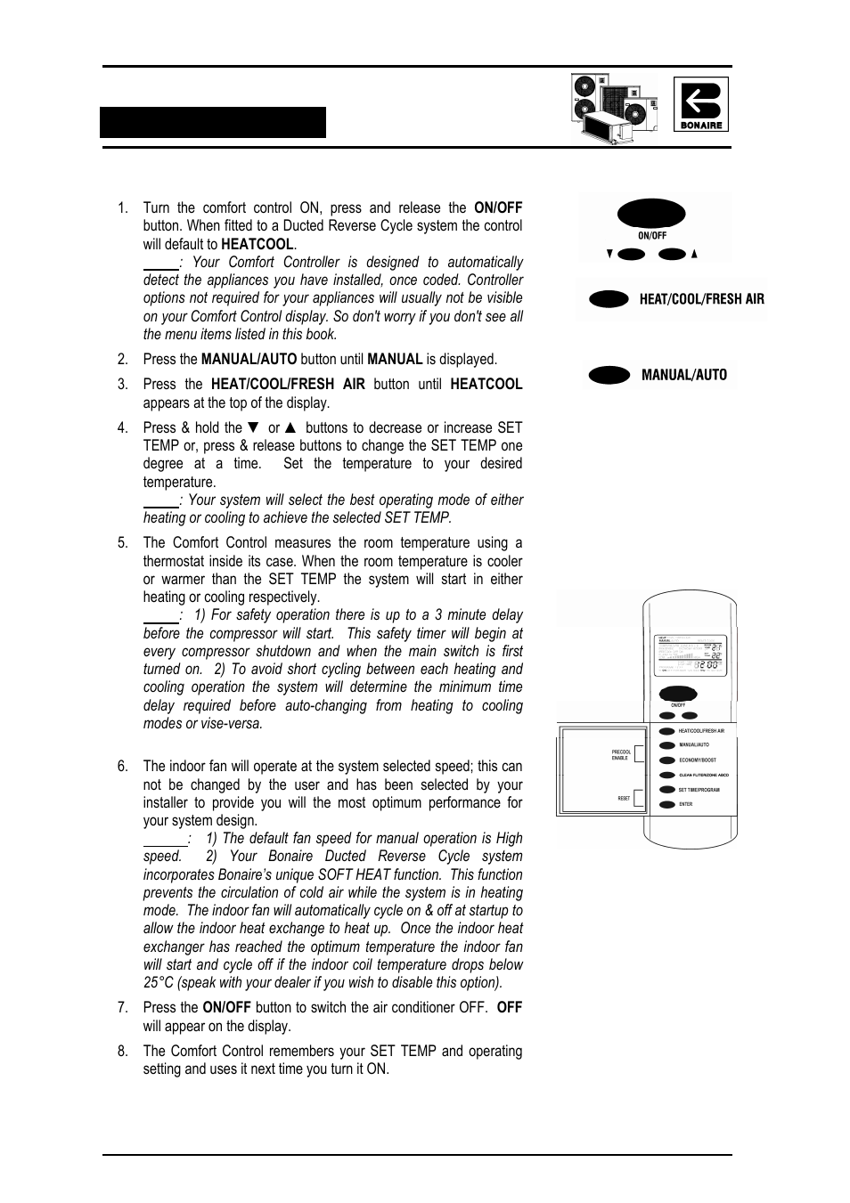 Heating & cooling auto-changeover mode - manual | Bonaire Reverse Cycle User Manual | Page 19 / 40