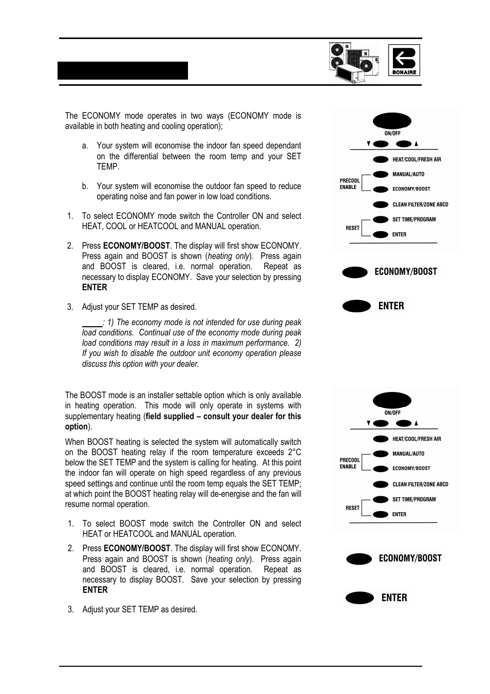 Economy mode, Boost mode | Bonaire Reverse Cycle User Manual | Page 20 / 40