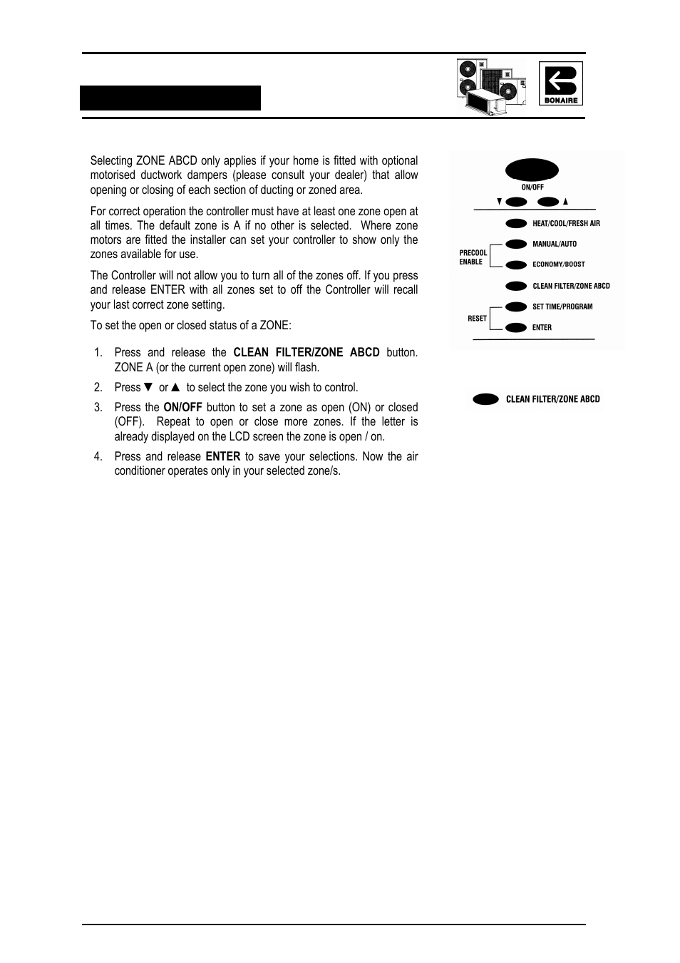 Zones - selecting abcd options | Bonaire Reverse Cycle User Manual | Page 21 / 40
