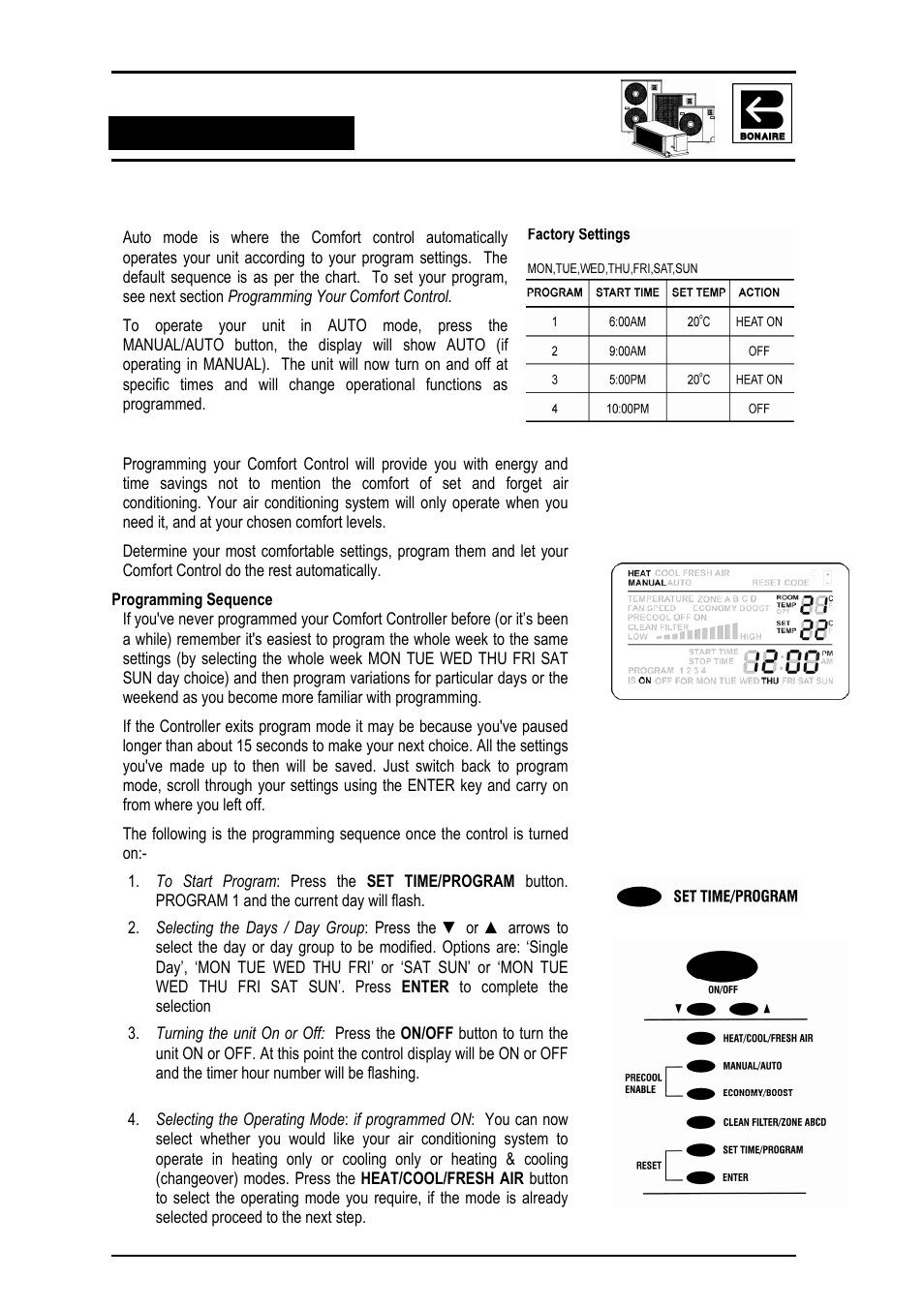 Auto – program mode, Programming your comfort control | Bonaire Reverse Cycle User Manual | Page 22 / 40