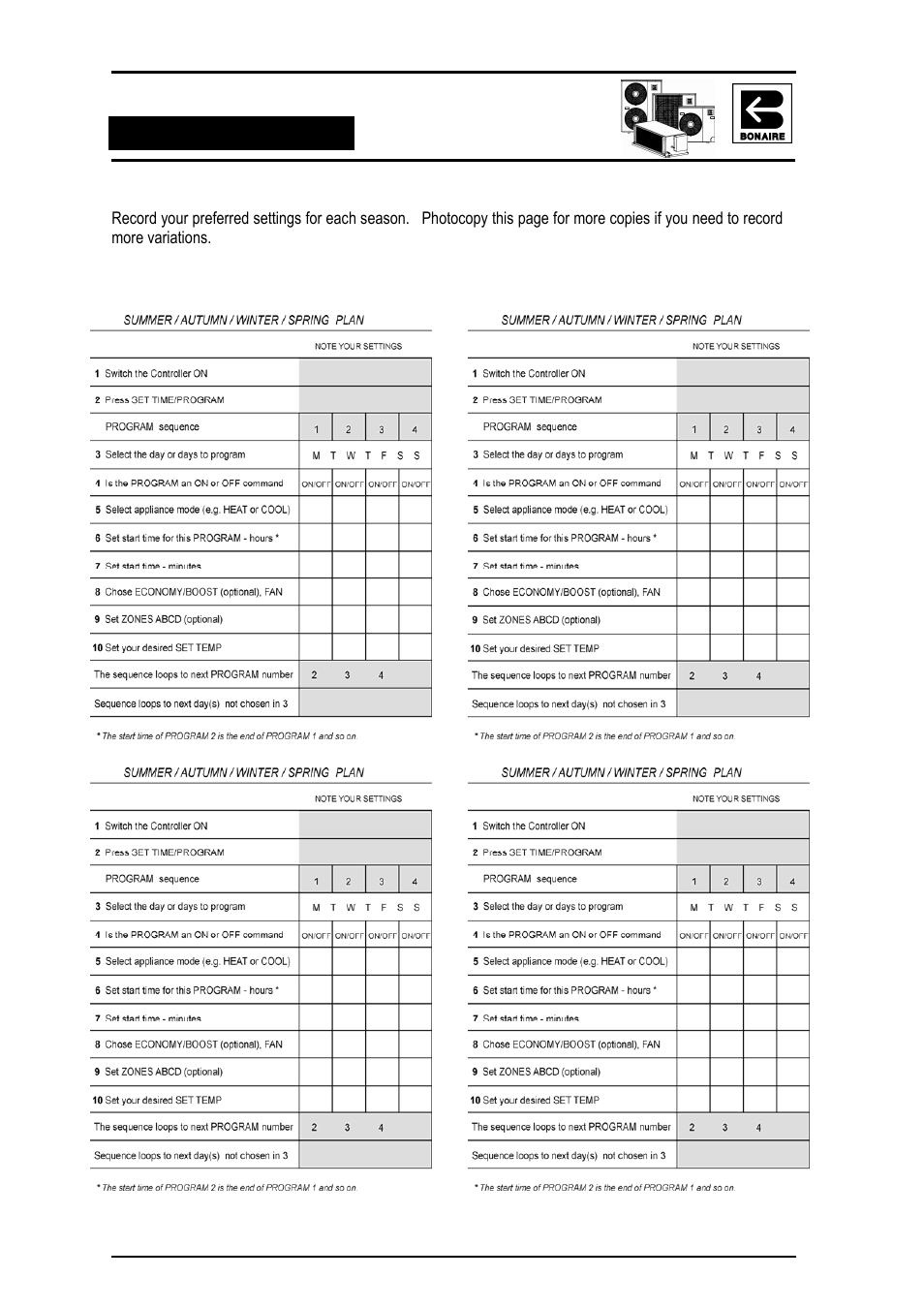 Program planning sheets | Bonaire Reverse Cycle User Manual | Page 24 / 40