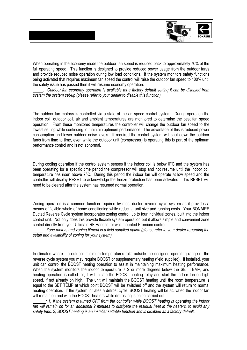 Economy fan speed selection – outdoor fan, Variable outdoor fan speed control, Anti-freeze – indoor unit | System zoning control, Boost heating | Bonaire Reverse Cycle User Manual | Page 26 / 40