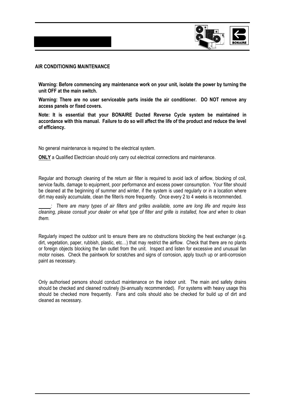 Air conditioning maintenance, Important, Electrical | Cleaning your return air filter, Outdoor unit, Indoor unit | Bonaire Reverse Cycle User Manual | Page 27 / 40
