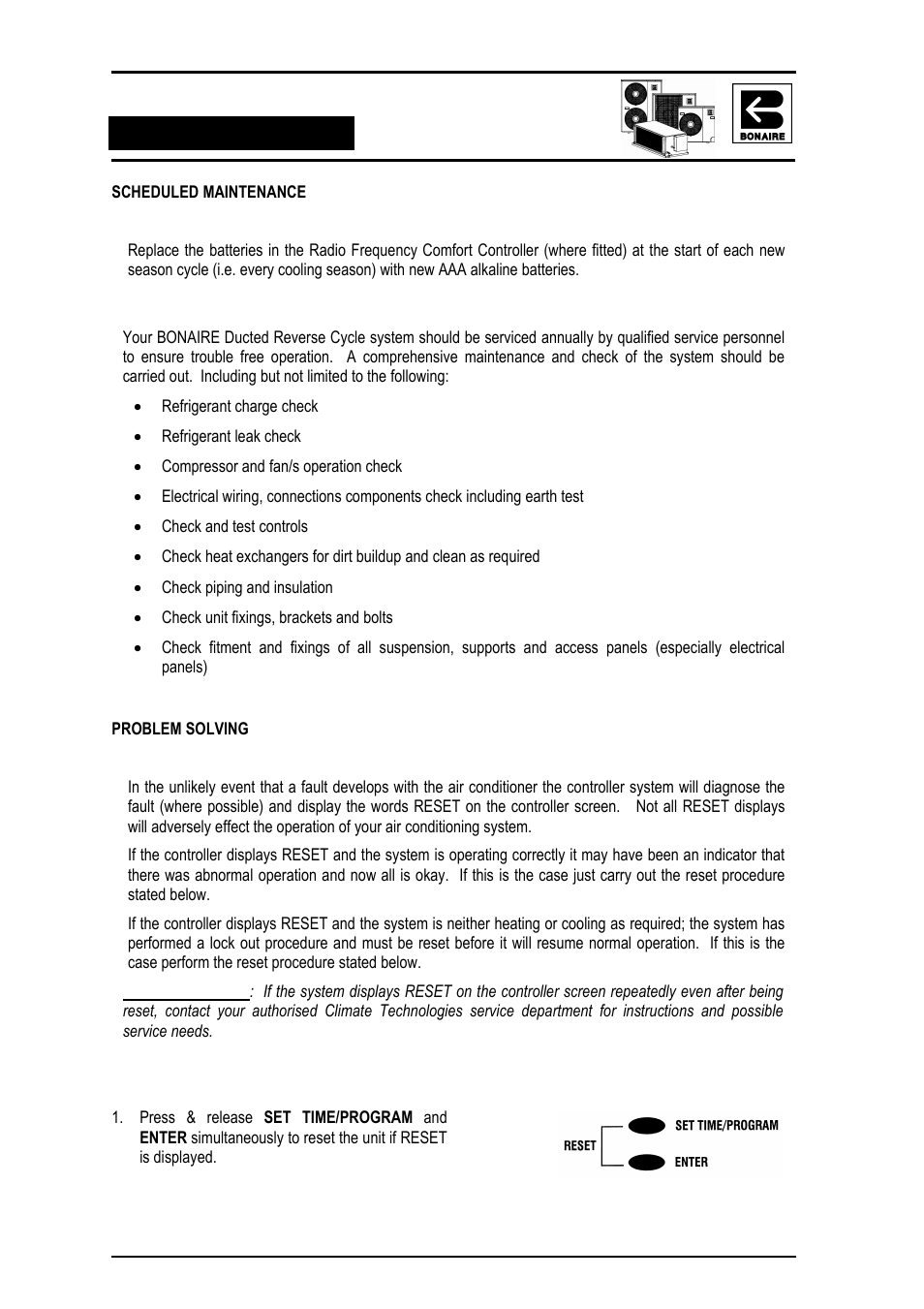 Scheduled maintenance, Controls – rf handset only, System | Problem solving, Reset function, Reset procedure | Bonaire Reverse Cycle User Manual | Page 28 / 40