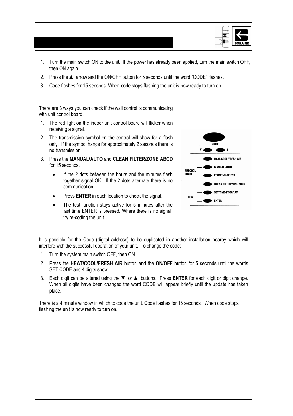 Checking the signal – rf remote control only, Changing the code | Bonaire Reverse Cycle User Manual | Page 32 / 40