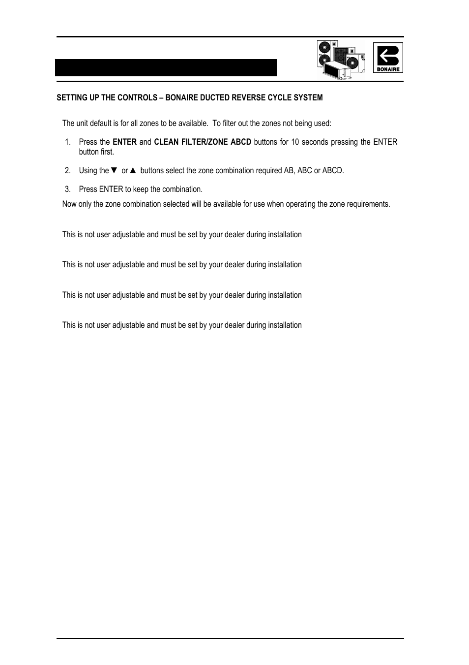 Setting the zone availability, Setting the system fan speed, Setting the defrost cycle type | Setting boost heating function, Setting the outdoor unit economy fan function | Bonaire Reverse Cycle User Manual | Page 33 / 40