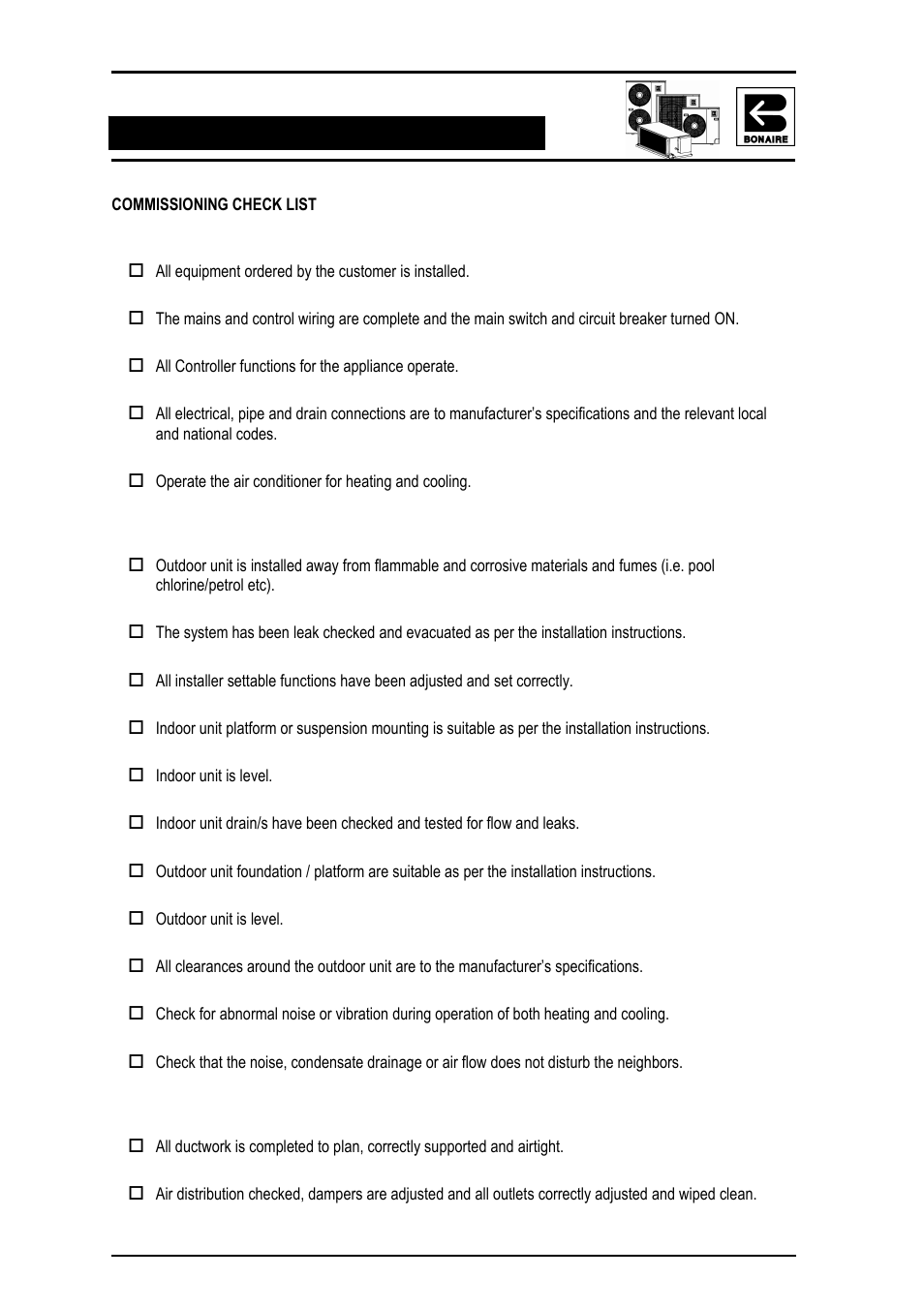Commissioning check list, General, Ducted reverse cycle system | Ductwork | Bonaire Reverse Cycle User Manual | Page 34 / 40