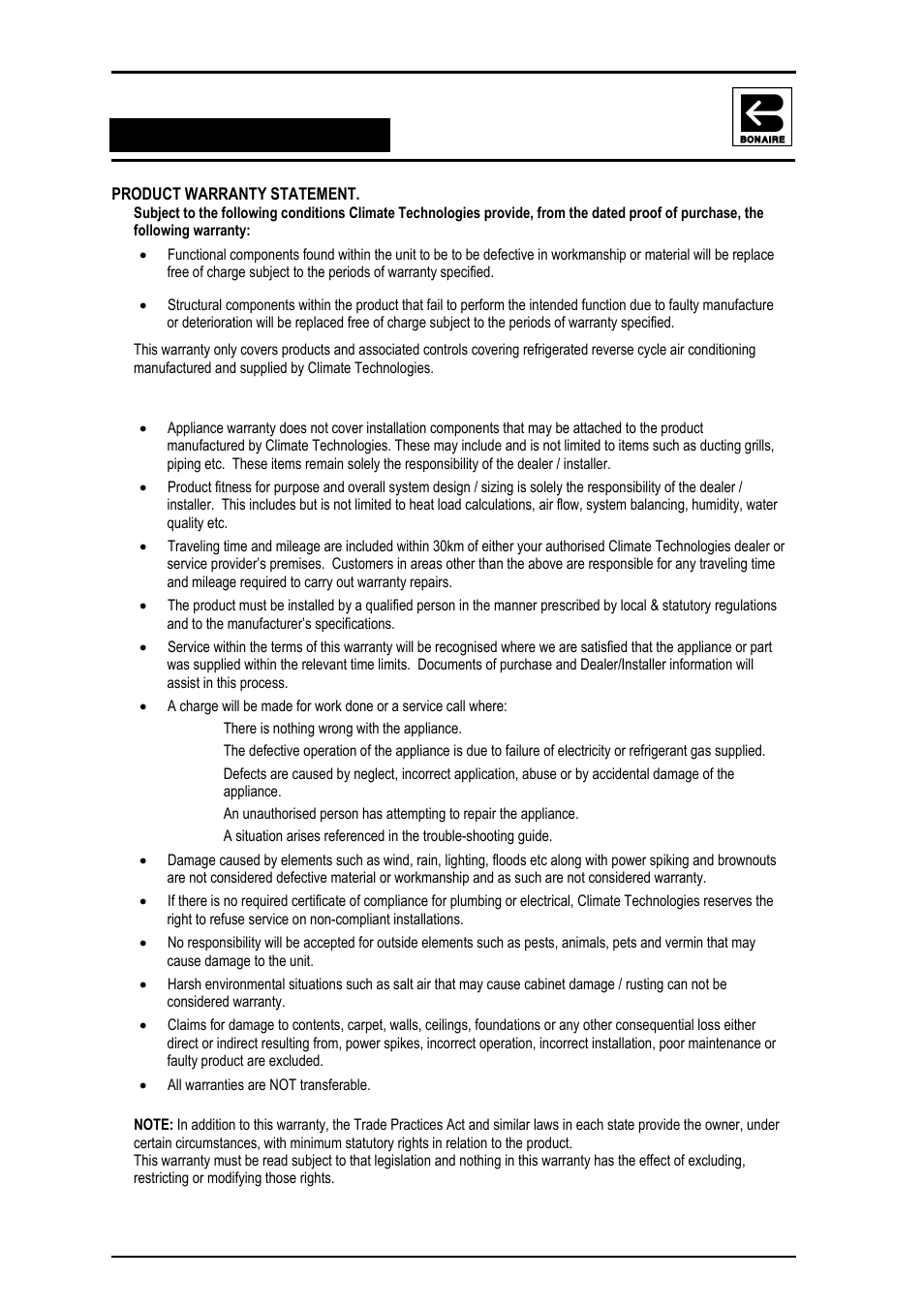 Product warranty statement, Conditions and exclusions, Warranty | Bonaire Reverse Cycle User Manual | Page 36 / 40