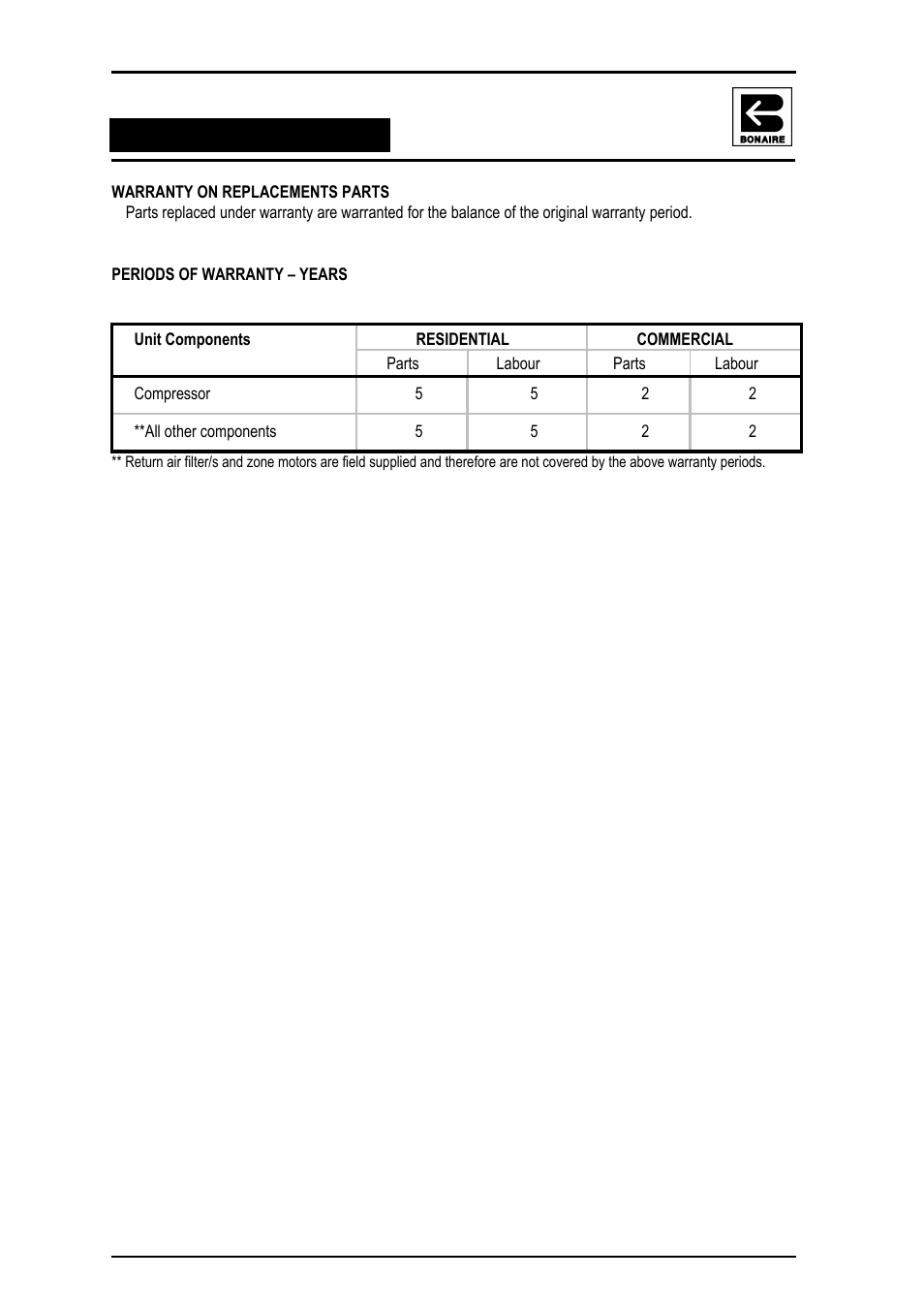 Warranty on replacements parts, Periods of warranty – years, Ducted reverse cycle air conditioning | Bonaire Reverse Cycle User Manual | Page 37 / 40