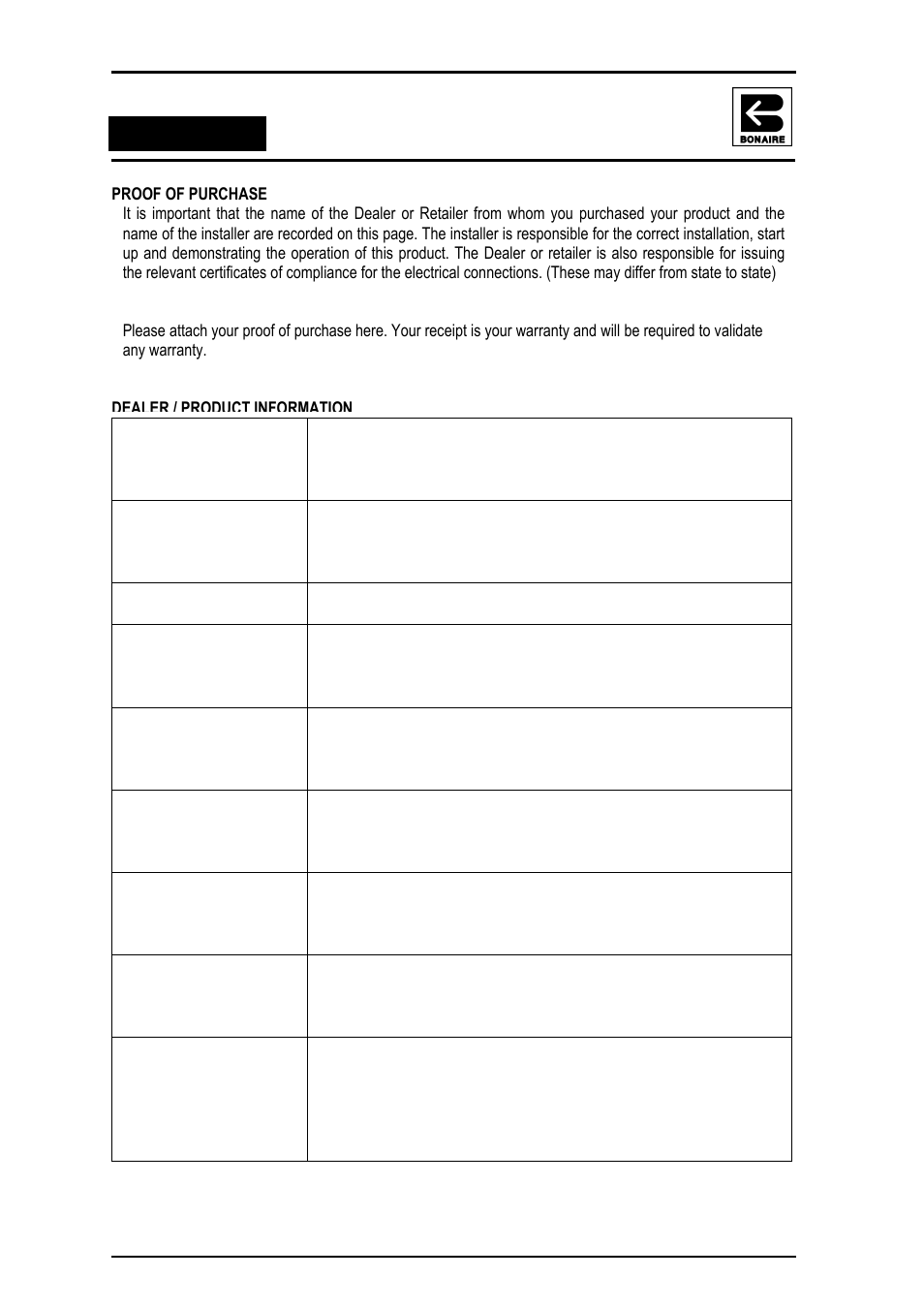 Proof of purchase, Dealer / product information, Service | Bonaire Reverse Cycle User Manual | Page 38 / 40