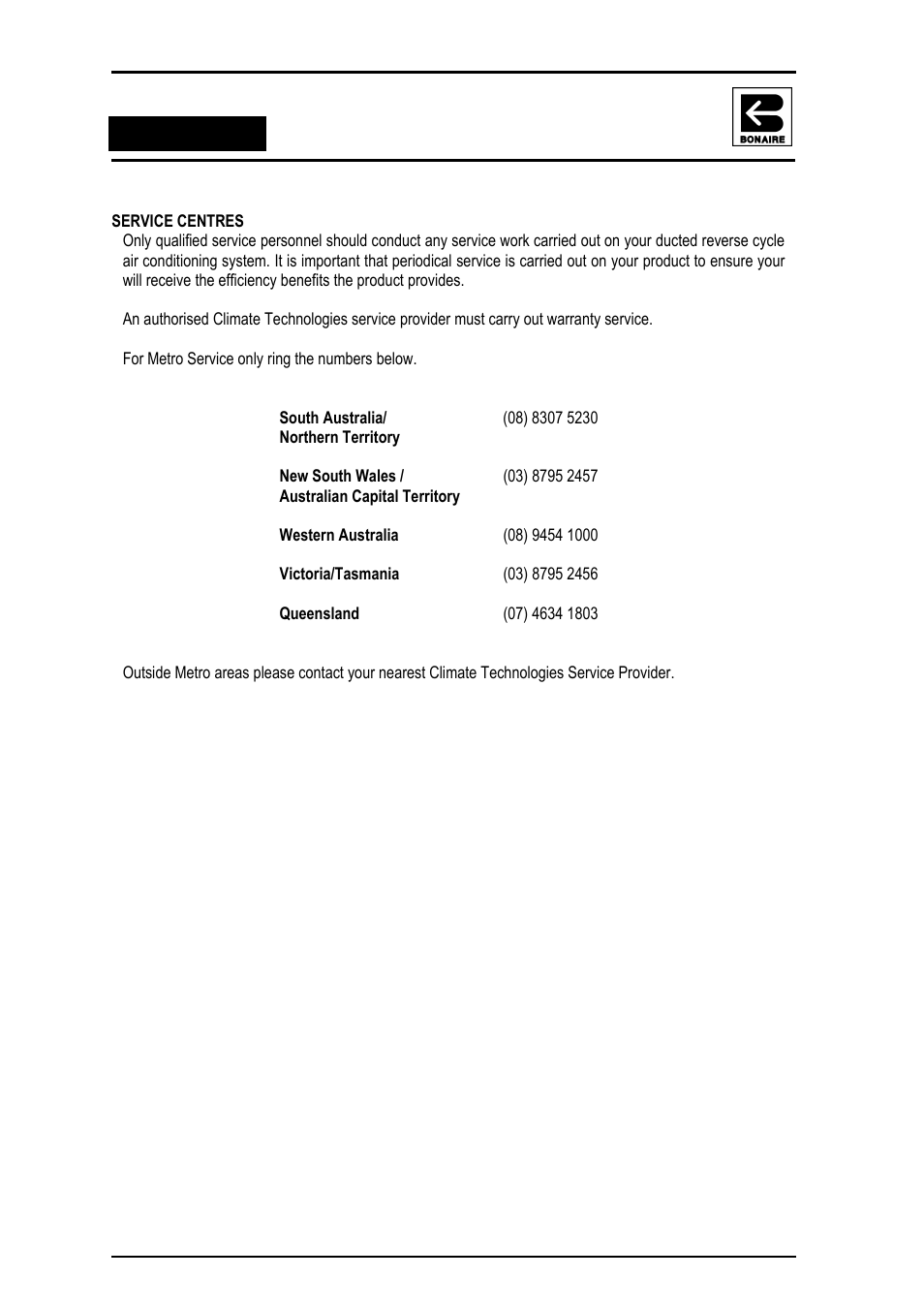 Service centres | Bonaire Reverse Cycle User Manual | Page 39 / 40