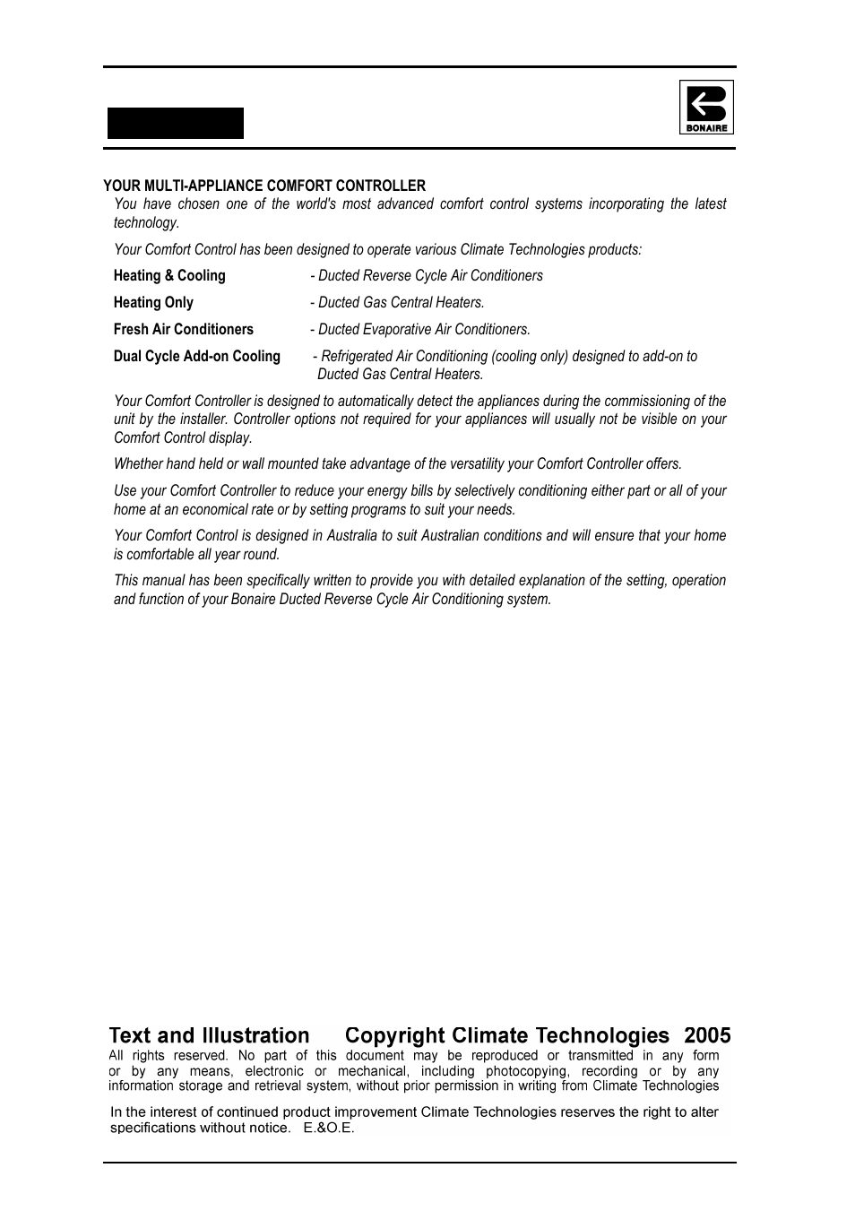 Your multi-appliance comfort controller, Introduction | Bonaire Reverse Cycle User Manual | Page 4 / 40