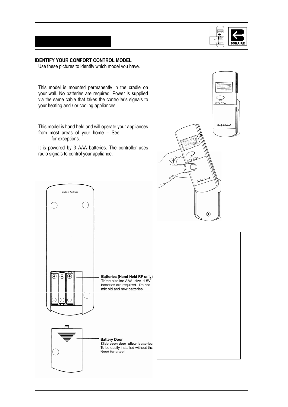 Identify your comfort control model, Wall mounted, Hand held rf | The comfort controller, Navigating the controls | Bonaire Reverse Cycle User Manual | Page 5 / 40