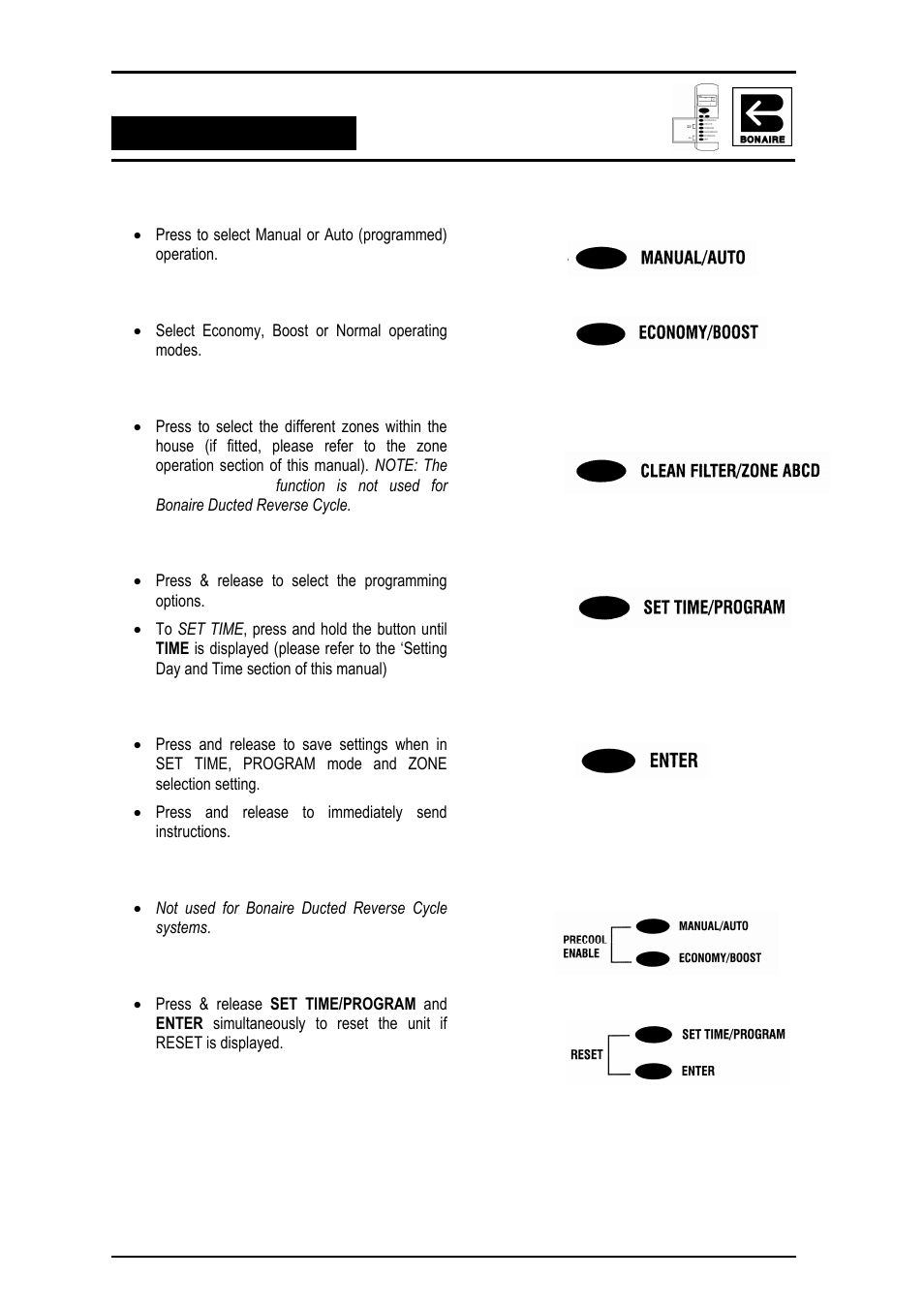 Manual/auto, Economy/boost, Clean filter/zone abcd | Set time/program, Enter, Precool, Reset | Bonaire Reverse Cycle User Manual | Page 8 / 40